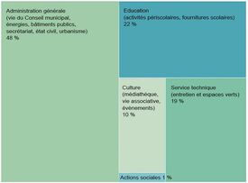 48% des dépenses sont dévolues à l'administration générale, 22% au secteur éducatif, 10% à la culture, 19% au service technique et 1% aux actions sociales